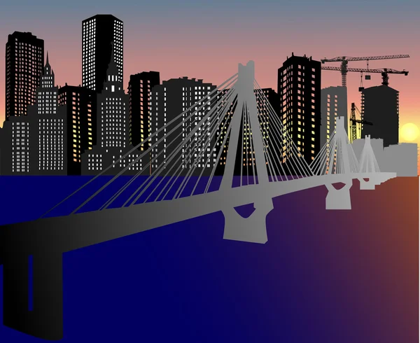 Bridge to sunset in city — Stock Vector