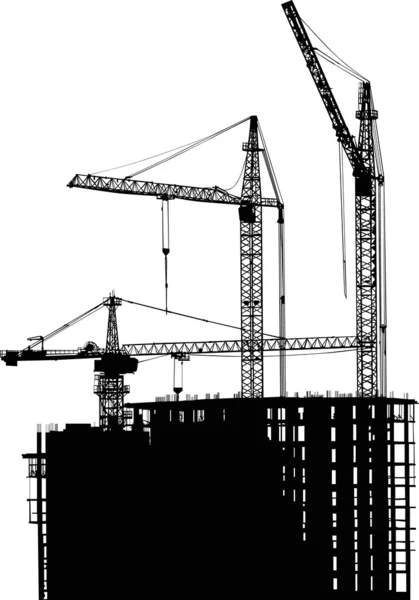 Três guindastes e silhueta de construção — Vetor de Stock