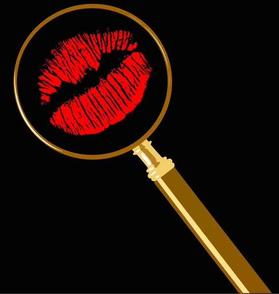 Lupe und roter Lippenabdruck — Stockvektor