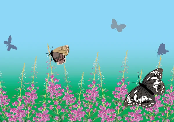 ピンクの花と蝶の風景 — ストックベクタ