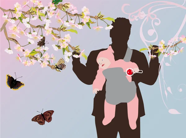 男人、 宝贝和美丽的蝴蝶 — 图库矢量图片