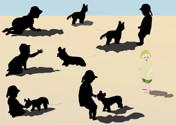 Kleine Mädchen und Hunde Illustration — Stockvektor