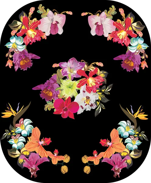 Different orchids decoration on black — Stock Vector