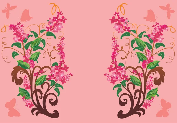 Ramas de flores rosadas con mariposas — Vector de stock