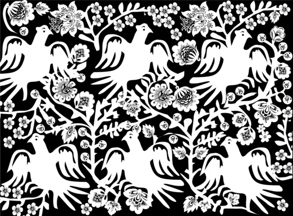 Белый на черном украшении с птицами — стоковый вектор