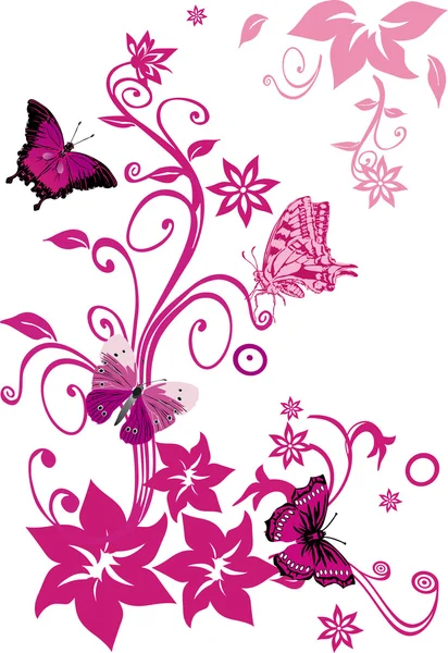 Рожеві метелики на квітах на білому — стоковий вектор