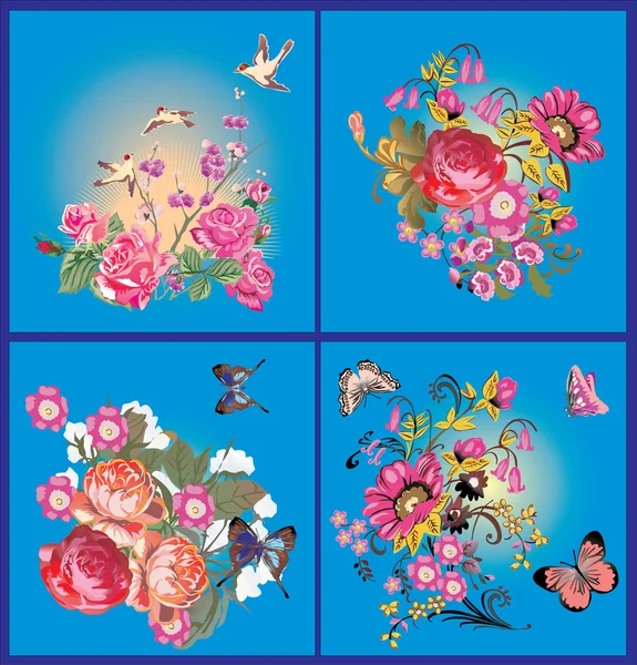 Fyra rosa blommor och fjärilar mönster — Stock vektor