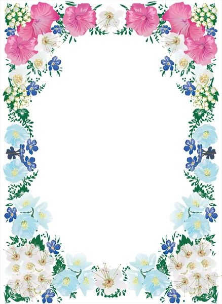 Wit, roze en blauwe bloem frame — Stockvector