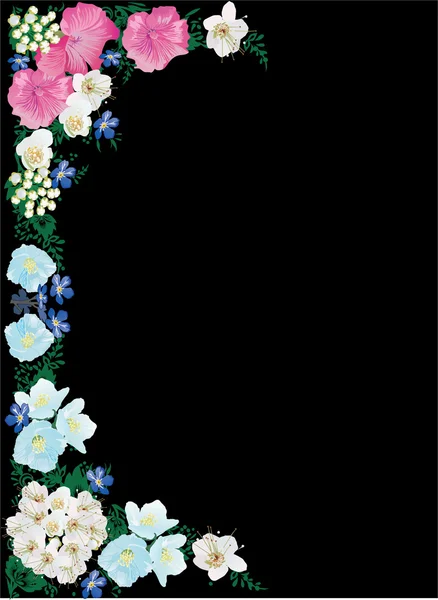 Annan färg blommor halv ram på svart — Stock vektor