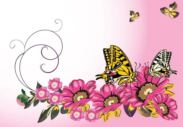 Sárga pillangók és a rózsaszín virágok — Stock Vector