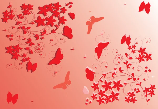 Red curled background with butterflies — Stock Vector