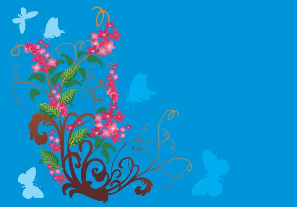 Ροζ λουλούδια και πεταλούδες μπλε — Διανυσματικό Αρχείο