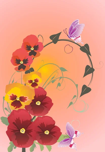Sötét piros virágok és rózsaszín pillangók — Stock Vector