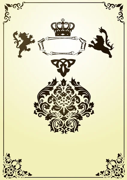 Bingkai heraldik coklat dengan singa - Stok Vektor