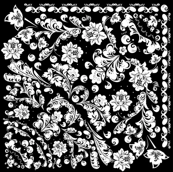 Abstraite décoration florale blanche sur noir — Image vectorielle
