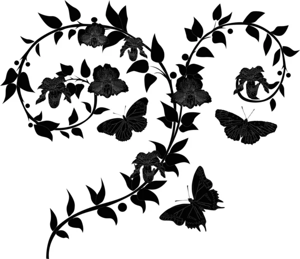 Branches d'orchidée et silhouettes de papillon — Image vectorielle