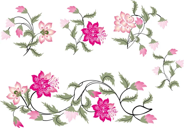 Σύνολο ροζ και πράσινο λουλούδια — Διανυσματικό Αρχείο