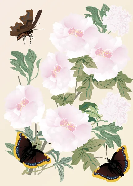 Flores rosadas y mariposas marrones — Vector de stock