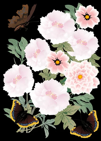 Papillons sombres et fleurs roses — Image vectorielle
