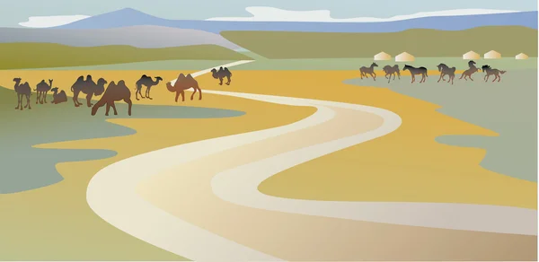 Paisaje con camellos y caballos — Vector de stock