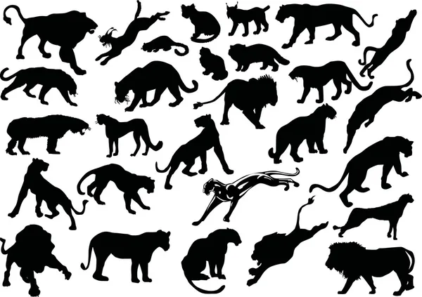 Veintiocho grandes siluetas de gato — Archivo Imágenes Vectoriales