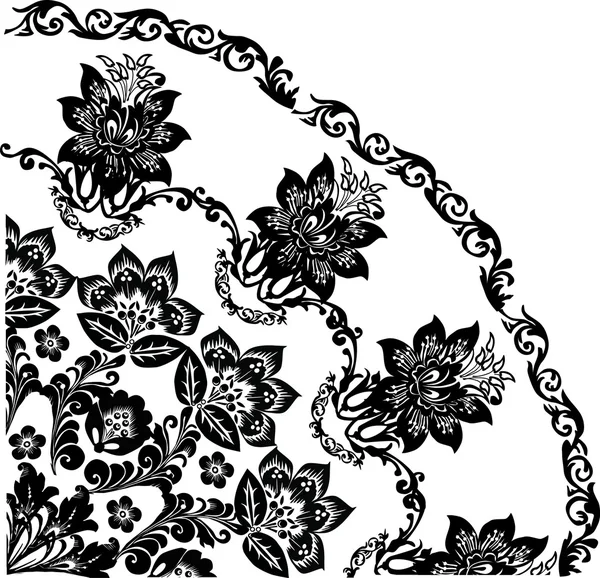 黑色象限的卷发和花 — 图库矢量图片
