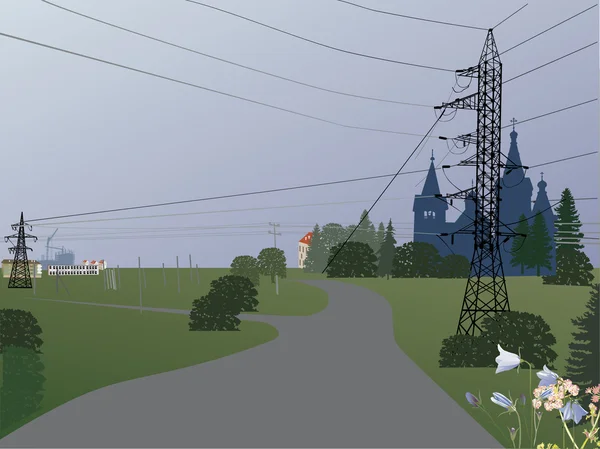 Landschaft mit Stromleitung — Stockvektor