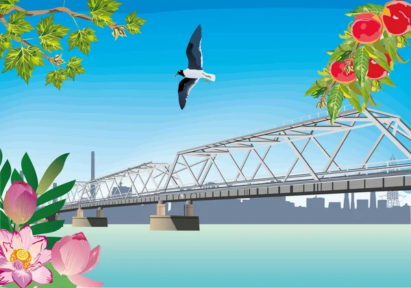 Puente largo sobre el río de verano — Vector de stock