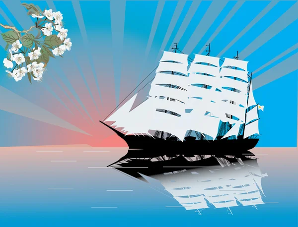 Корабль и цветочная ветвь на восходе солнца — стоковый вектор
