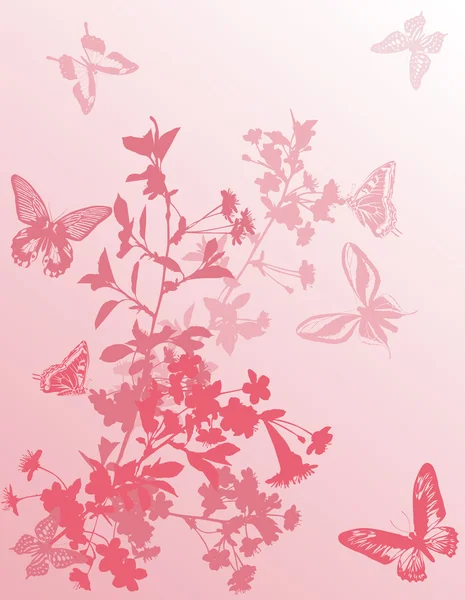 Hintergrund mit rosa Schmetterlingen und Blumen — Stockvektor