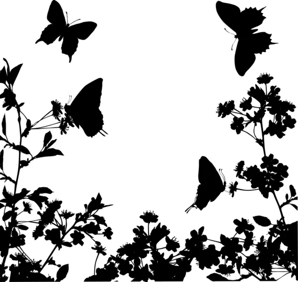 Meia moldura com flores e borboletas — Vetor de Stock