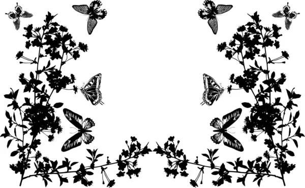 Medio marco con mariposas y flores — Vector de stock