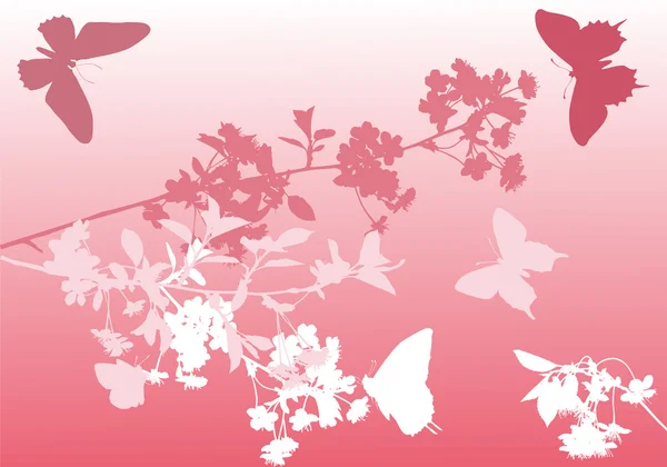 Cherry tree flowers and pink butterflies — Stockvector