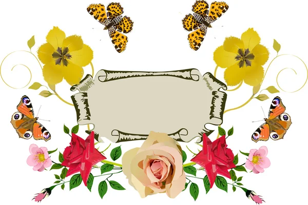 Przewijania, motyle i kwiaty — Wektor stockowy