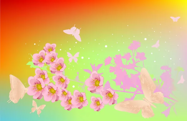 Cherry flowers and butterflies on bright background — Stock Vector