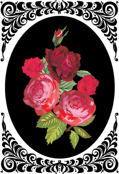 Röda rosor i svart ringlad ram — Stock vektor