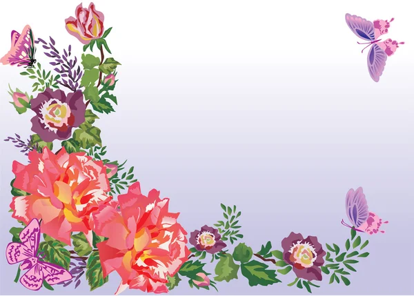 Esquina con rosas y pequeñas mariposas — Vector de stock