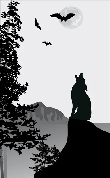 Howling wolf on rock illustration — Stock Vector