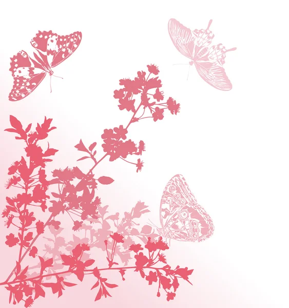 Roze vlinders en sakura bloemen — Stockvector