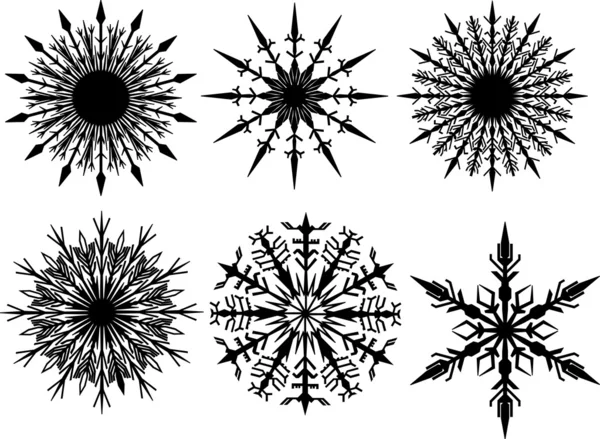 Шесть снежинки черного силуэта — стоковый вектор
