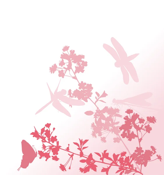 Λουλούδια και λιβελλούλες σε ροζ χρώμα — Διανυσματικό Αρχείο