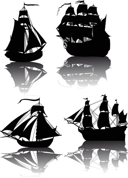 Quattro navi con riflessi isolati su bianco — Vettoriale Stock