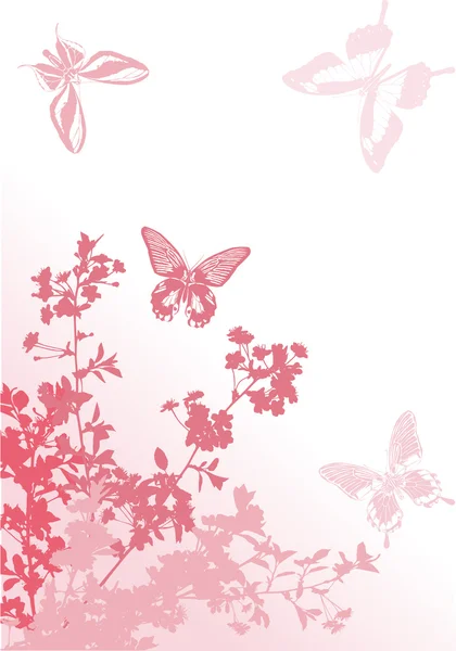 Pembe kiraz ağacı dalı ve kelebek silhouettes — Stok Vektör