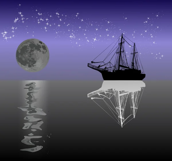 Αντανακλάσεις του πλοίου και το φεγγάρι — Διανυσματικό Αρχείο