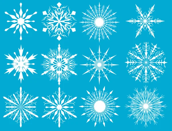 Colección de copos de nieve blanco en azul — Vector de stock