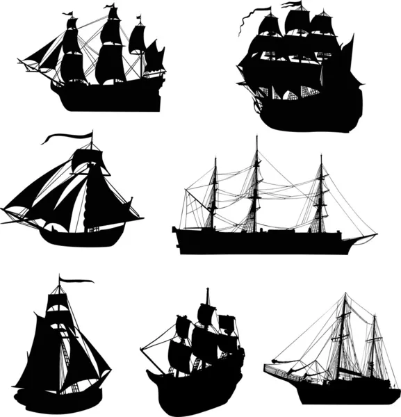 Conjunto de sete silhuetas navio — Vetor de Stock