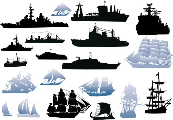 Aantal zwarte en blauwe schip silhouetten — Stockvector