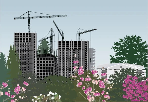 Casa de construção e flores ilustração — Vetor de Stock