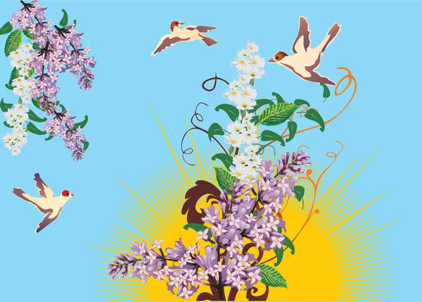 Flores de color lila con pájaros en azul — Archivo Imágenes Vectoriales