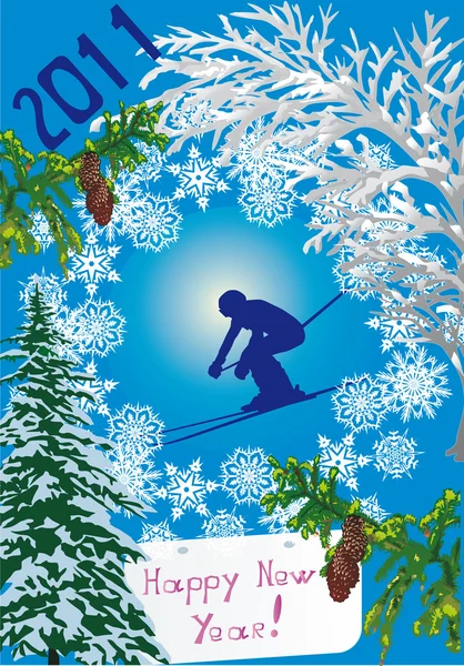 Nieuwjaar illustratie met skiër — Stockvector